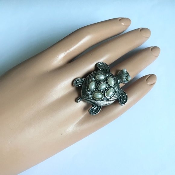 Vintage Turtle Cocktail Ring Silver Tone Adjustable Size 7 8 9 Sea Life Pearl - Picture 11 of 11